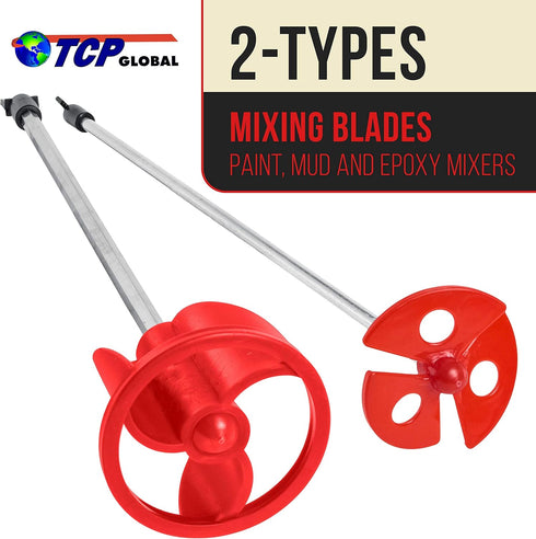 TCP Global 2 Types of Paint, Epoxy Resin, Mud Power Mixer Blade Drill Tools for Mixing Quarts to 2.5 Gallon Buckets - 14" Long, 1/4" Round and 5/16" Hex Shafts, 2.5" and 3" Plastic Paddles - Stirring