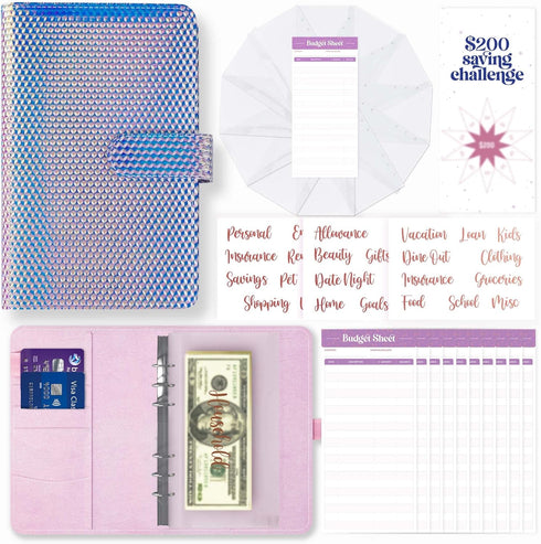 Soul Mama Budget Binder with Cash Envelopes, Holographic Prism Money Organizer, A6 Binder with Rose Gold Stickers