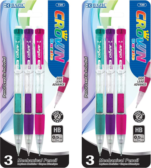 BAZIC Mechanical Pencil 0.5mm Crown, Soft Grip Latex Free Eraser, Smooth Writing Pencils for Drafting (3/Pack)