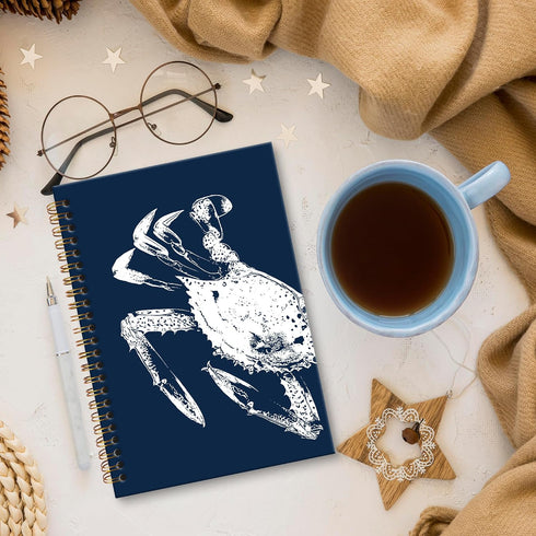 5.5x8.3 Navy Blue Crab Notebook Journal, Nautical Crabs Spiral Notebook, Coastal Beach Ocean Journal Notebooks