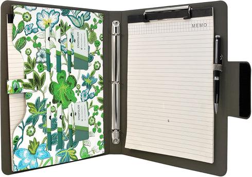 Organizer Portfolio Case with 3-Ring Binder, Flower Painting PU Leather Padfolio with Document Bag (Green)