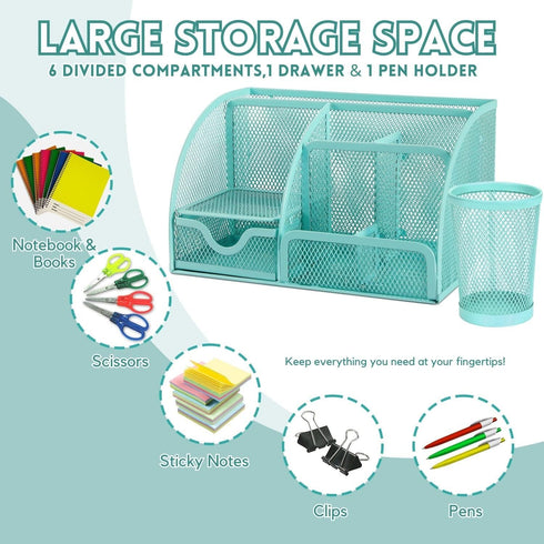 Flexzion Desk Top Caddy Organizer, Green Metal Mesh with 6 Compartments, Drawer and Pen Holder
