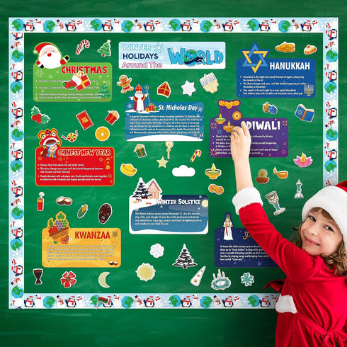 Cholemy 105 Pcs Winter Bulletin Board with Holidays Around The World Cutouts for Educational Resources Decor