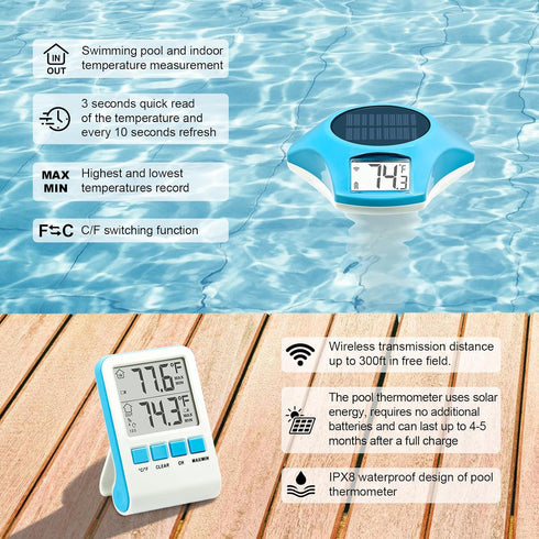 Circrane IPX8 150 Bath/Swimming Solar Pool Thermometer, Wireless Floating Digital Thermometer, Water Proof, Solar