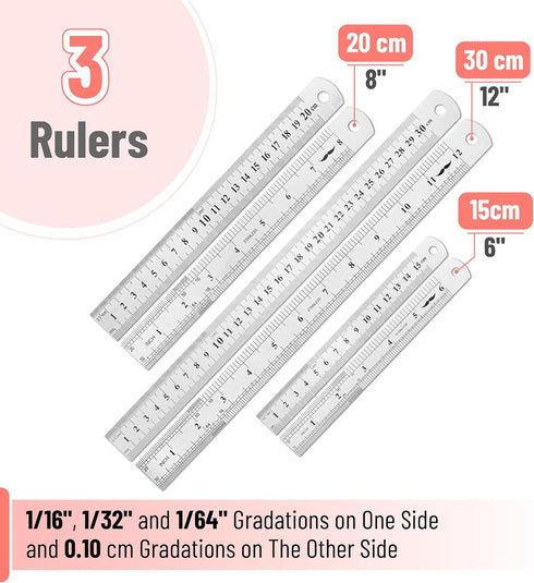Mr. Pen Stainless Steel Rulers, 3 pcs, 6", 8", & 12", Metal Rulers for School and Office, Thin Flat Design