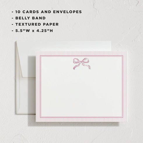 Set, Set 10, Minted Pink Bow Stationery of Flat Note Cards & Envelopes for Invitiations and Handwritten Thank You