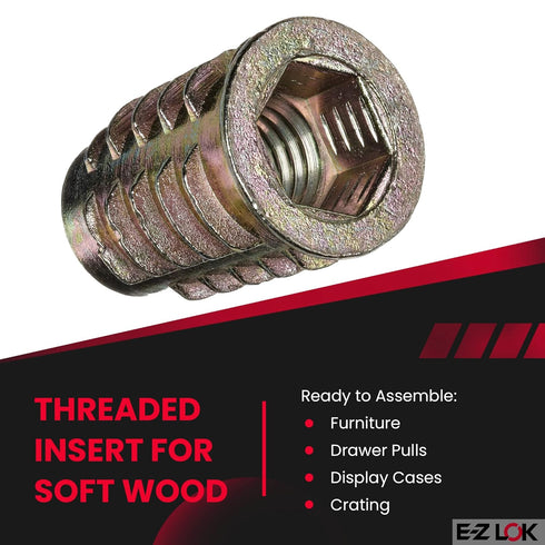 E-Z LOK M8-1.25 Threaded Insert for Soft Wood, Zinc Hex-Flanged, 20mm Length, Pack of 25