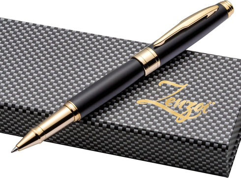 ZenZoi Matte Black & Gold Pen - Elegant Executive Rollerball Pen, Luxury Gift Set for Men, Women, Fine Point Gel Ink