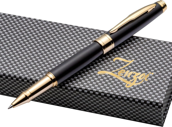 ZenZoi Matte Black & Gold Pen - Elegant Executive Rollerball Pen, Luxury Gift Set for Men, Women, Fine Point Gel Ink