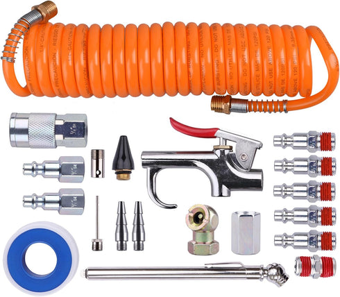 WYNNsky 1/4 Inch NPT Air Accessory Kit, 20 Piece Air Compressor Hose Tool Kit with Coil PU Hose/Tire Gauge