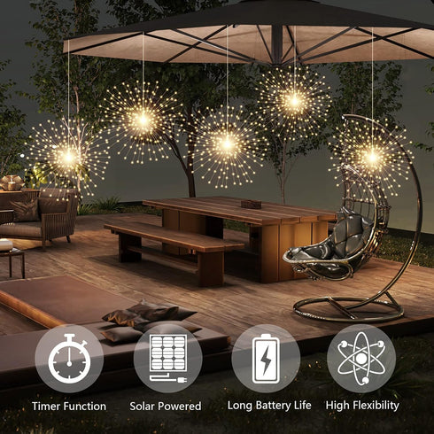 4 Pack 800 8 Dimmable, LED Solar Starburst Sphere Lights,Firework Light Remote Control Timer Modes Waterproof Hanging