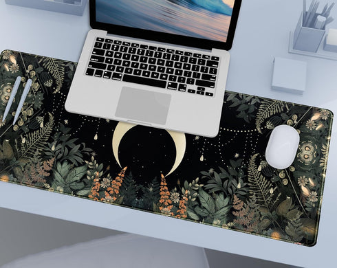 DCJJM 31.5x11.8 Cute Green Forest Leaves Desk Mat Whimsical Moon Mousepad XL Large Extended Gaming Mouse Pad