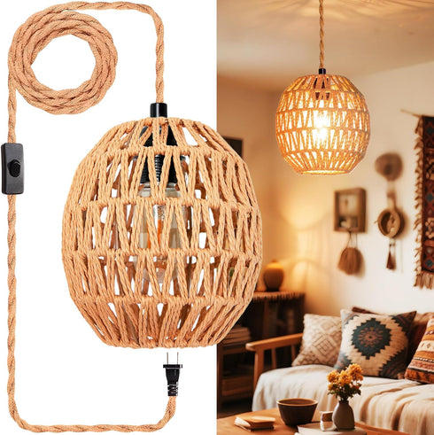 Maliralt 16.4ft Hanging Lamps Rattan Pendant Light Hanging Lights Plug in Cord Pendant Light Fixture Plug Into Wall