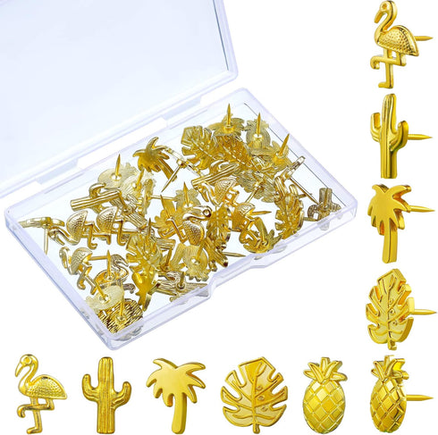 Eersida 40 Pieces Gold Push Pins, Cute Decorative Thumb Tacks with 5 Designs for Photos, Wall, Maps, Bulletin Board