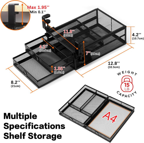 ROSYLINE Under Desk Drawer Organizer, Clamp on 2 Tier Slide Out Drawer, Metal Under Desk Storage for Home and Office