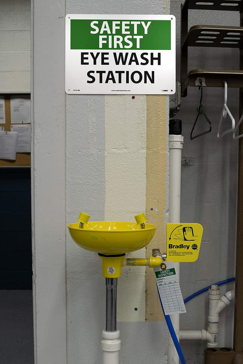 NMC OSHA Sign - "SAFETY FIRST EYE WASH STATION", 14" Width x 10" Height, Rigid Plastic