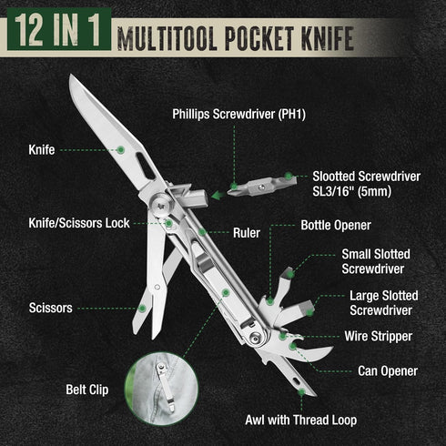 Mossy Oak 12-in-1 Multitool Pocket Knife with Pouch, Stainless Steel Multitool Knife with Clip, Survival Tools with Scissors, Bottle Opener, Wire Stripper, Glass Breaker, Screwdriver by Mossy Oak