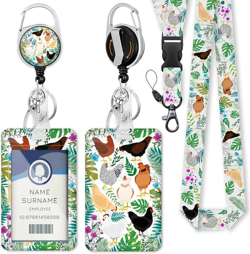 Gctriki ID Badge Holder with Lanyard, Cute Flower Chickens Lanyard for Keys, Funny Retractable Badge Reel