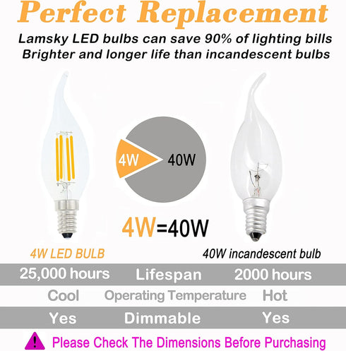 Lamsky E14 Bulb 4W Bulbs Dimmable 40W Bulbs,110V 4000K White,12 Pack LED European Base LED Chandelier Light