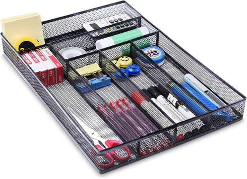 WuGeShop Desk Drawer Organizer | 6 Compartments Mesh Tray for Stationery & Office Supplies, Black