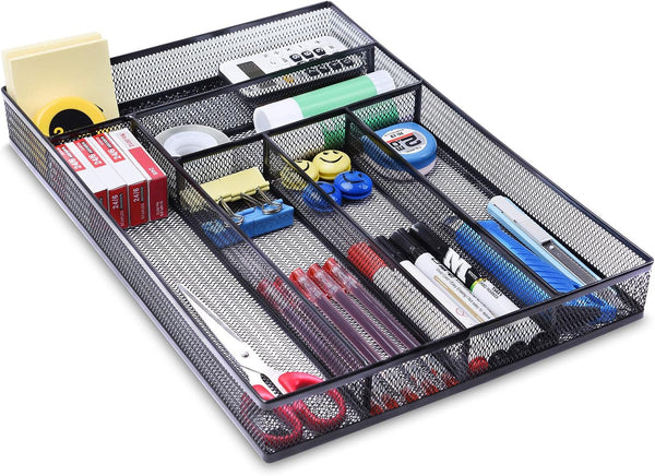 WuGeShop Desk Drawer Organizer | 6 Compartments Mesh Tray for Stationery & Office Supplies, Black