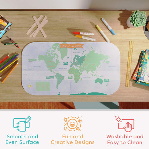 Uncommon Desks Kid's Desk Mat - For Schoolwork Arts & Crafts - Fun Computer & Mouse Pad Blotter - Washable Table Cover - Student School Organizer - Cute Office, Home School Supplies - World Map Design by Uncommon Desks