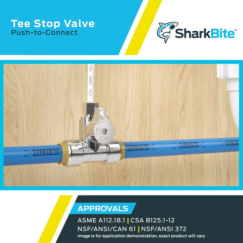 SharkBite 1/2 x 1/2 x 1/4 Inch Compression Tee Stop Valve, Push to Connect Brass Plumbing Fitting