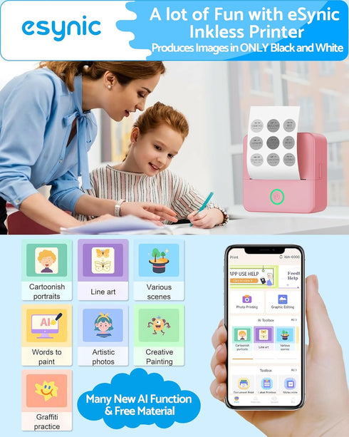 eSynic Printer-500mAh 10 Portable Mini Sticker USB-C Rechargeable-Bluetooth Mini Printer-Lnkless Printing-Comes