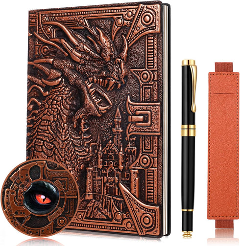 Vintage DND Journal 3D Embossed Leather Notebook with Ballpoint Pen, Handmade A5 Travel Journal, Red Copper