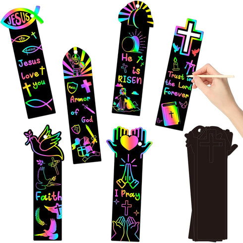 CY2SIDE 60PCS Religious Scratch Bookmarks, DIY Crosses Rainbow Color Paper Cards Craft