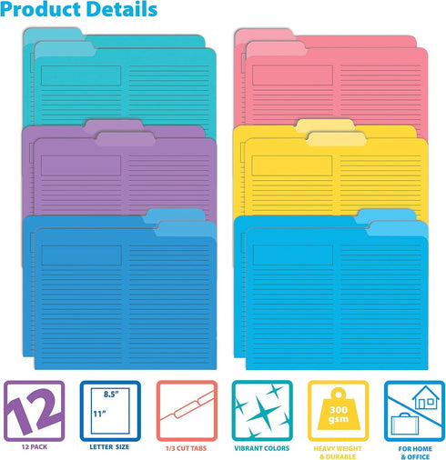 Better Office Products Lined File Folders, 12 Pack, Heavyweight, 1/3 Cut Tabs, 6 Vibrant Colors, Letter Size Folders,