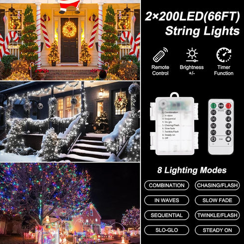 SFNDOU 2 Pack 8 66ft 200 Battery Operated String Lights Outdoor Indoor, Modes with Remote Timer Waterproof LED Twinkle