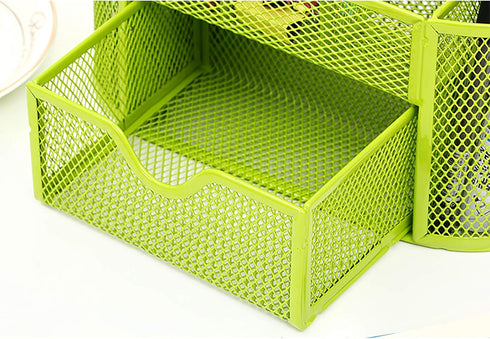 VANRA Metal Mesh Desk Supply Caddy, Desktop Office Supplies Organizer, 8 Compartments with Drawer (Green)