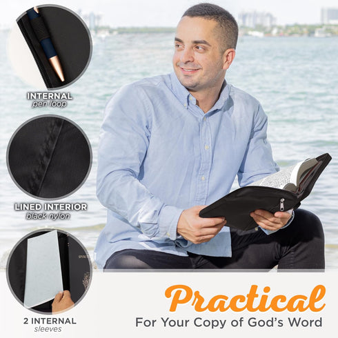 Christian Art Gifts Large Bible Cover for Men or Women, Secure Zipper, Black Canvas, Jesus Fish
