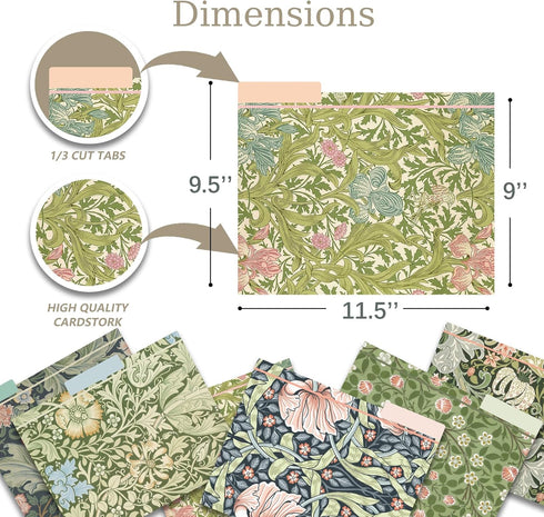 GreenPine 18 Pack William Morris Floral File Folders, Decorative Letter Size (9.5 x 11.5"), 1/3 Cut Tab