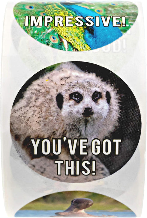 Motivational Animal Stickers, 500 Incentive Labels Roll, 1.5" Funny Inspirational School Clinic Reward Stickers