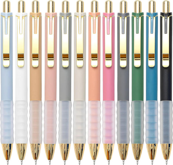 Linbsunne 12 pcs Black Medium Point 1mm Ballpoint Pens - Retractable Work Pen with Super Soft Grip for Men Women (Gold)