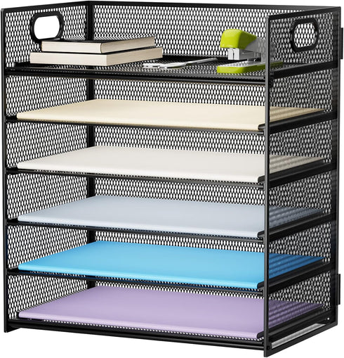 Marbrasse 6 Tier Paper Organizer, Mesh Desk File Holder with Handle for Letter/A4 Office Files, Black