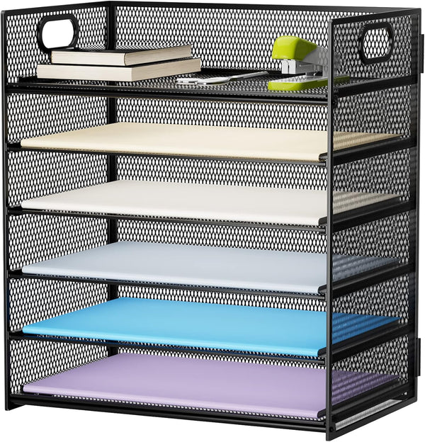Marbrasse 6 Tier Paper Organizer, Mesh Desk File Holder with Handle for Letter/A4 Office Files, Black