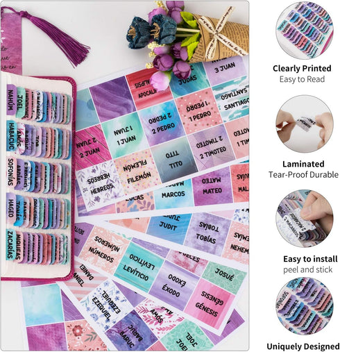 Spanish Bible Tabs for Women - Laminated Purple Catholic Spanish Bible Indexing Tabs, Large Print, 90 Tabs Total