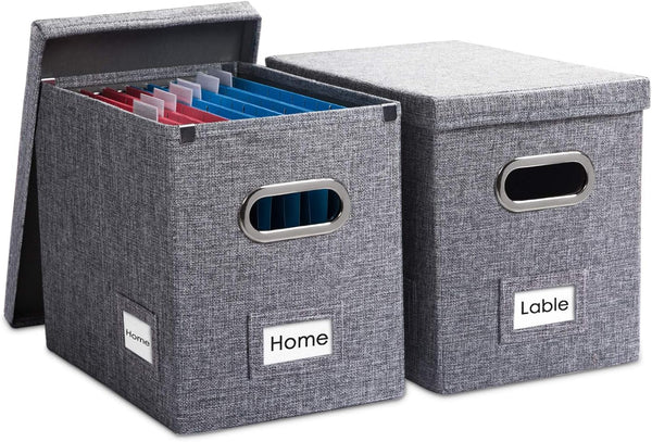 PRANDOM File Organizer Box Set of 2, Collapsible Decorative Linen Filing Storage with Lids, Office Cabinet Letter Size