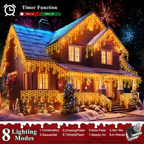 66ft 640 8 120 XURISEN Christmas Lights Decorations Outdoor, LED Modes Curtain Fairy Lights with Drops,Plug