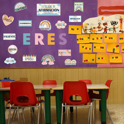 Boho Affirmation Station Spanish Bulletin Board Set, Rainbow Motivational Classroom Decorations for Teachers