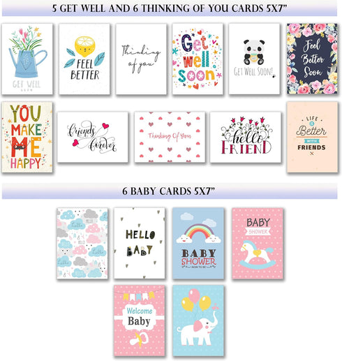 T&M Quality Designs LLC 100 5x7 Inch 100 All Occasion Cards Assortment Box with Envelopes and Stickers - Large Bulk