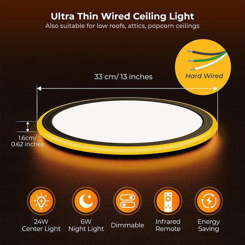13in Dimmable 2000K, 3000K-6500K 24W BLNAN LED Flush Mount Ceiling Light Fixture with Remote Control, Night Light Wired