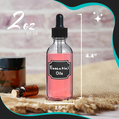 Nevlers 24 PK Clear Glass Dropper Bottle 2oz, Essential Oil Dropper Bottle with Droppers, Funnel, Brush, & Labels