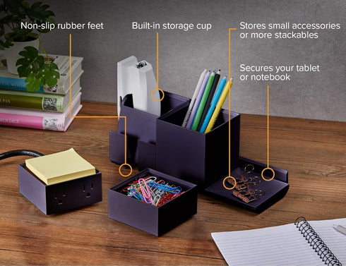 Bostitch Office Konnect Desk Organizer and Charging Station, 2 USB Ports & 2 Plugs for Phones and Tablets, Black
