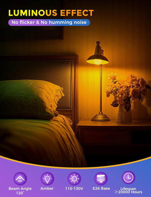JandCase Amber Light Bulbs, 3W Warm Light, Blue Light Blocking, 40W Equivalent, E26 A19 Dim Light Bulbs, 2 Pack
