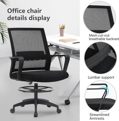 Ergonomic Drafting Chair, Tall Office Chair with Flip-up Armrests, Breathable Mesh High Desk Chair with Lumbar Support