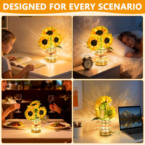 3-Colour Dimming 3 Handmade Sunflower Lamp, Rechargeable Cordless Touch Table Lamp, Infinitely Small Night Light